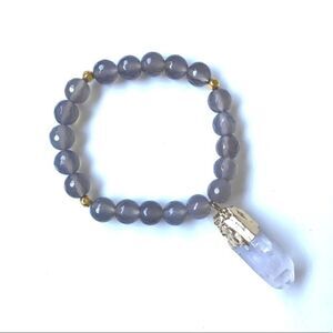 Crystal Quartz Pendant Bracelet w/Grey Agate Beads